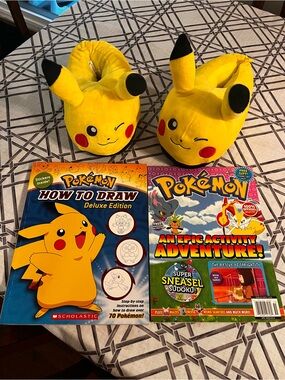 Pikachu Plush Slippers -yellow with (2) Activity Books -Great gift packet or fun